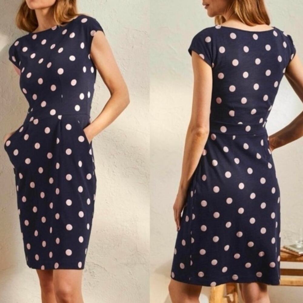 Boden Polka Dot Cotton Sheath Dress Navy Size 4L Navy Tall Structured